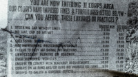 Photograph of a sign desribing the fines for certain practices in a II Corps Area.