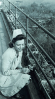 Photograph of a nurse tending to the balcony windowboxes at the 300th General Hospital in Naples, Italy.