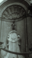 View of the Manneken Pis statue in Brussels, Belgium.