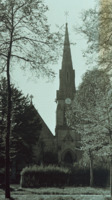 Photograph of large spire on side of Cathedral in Compiègne, France.