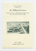 Program from a Redstone Officers Club retirement dinner held in honor of William R. Lucas.
